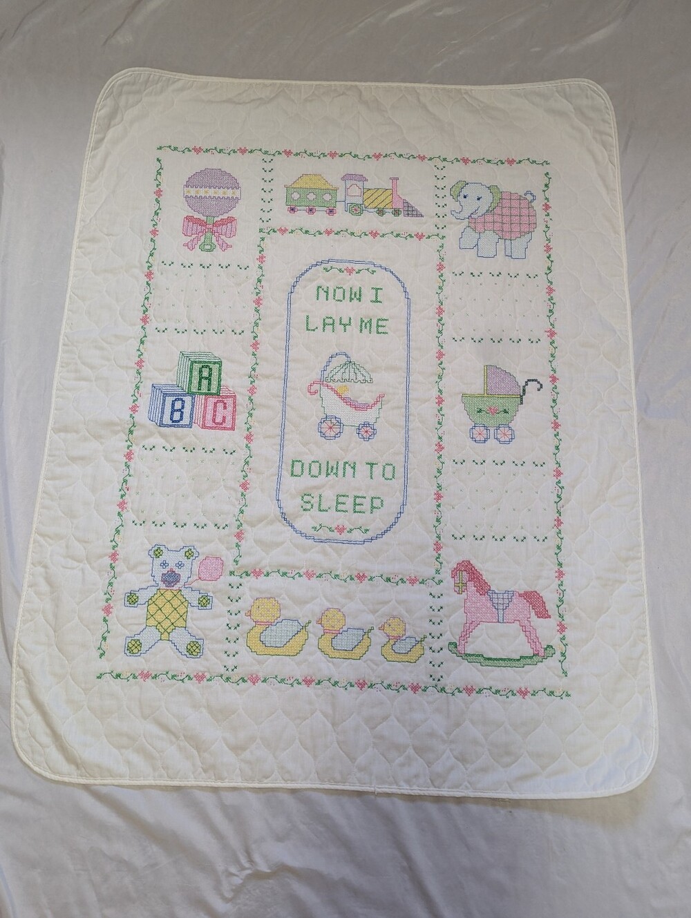 Now I Lay Me Down To Sleep Vintage Cross Stitch Handmade Baby Blanket 33" X 41"